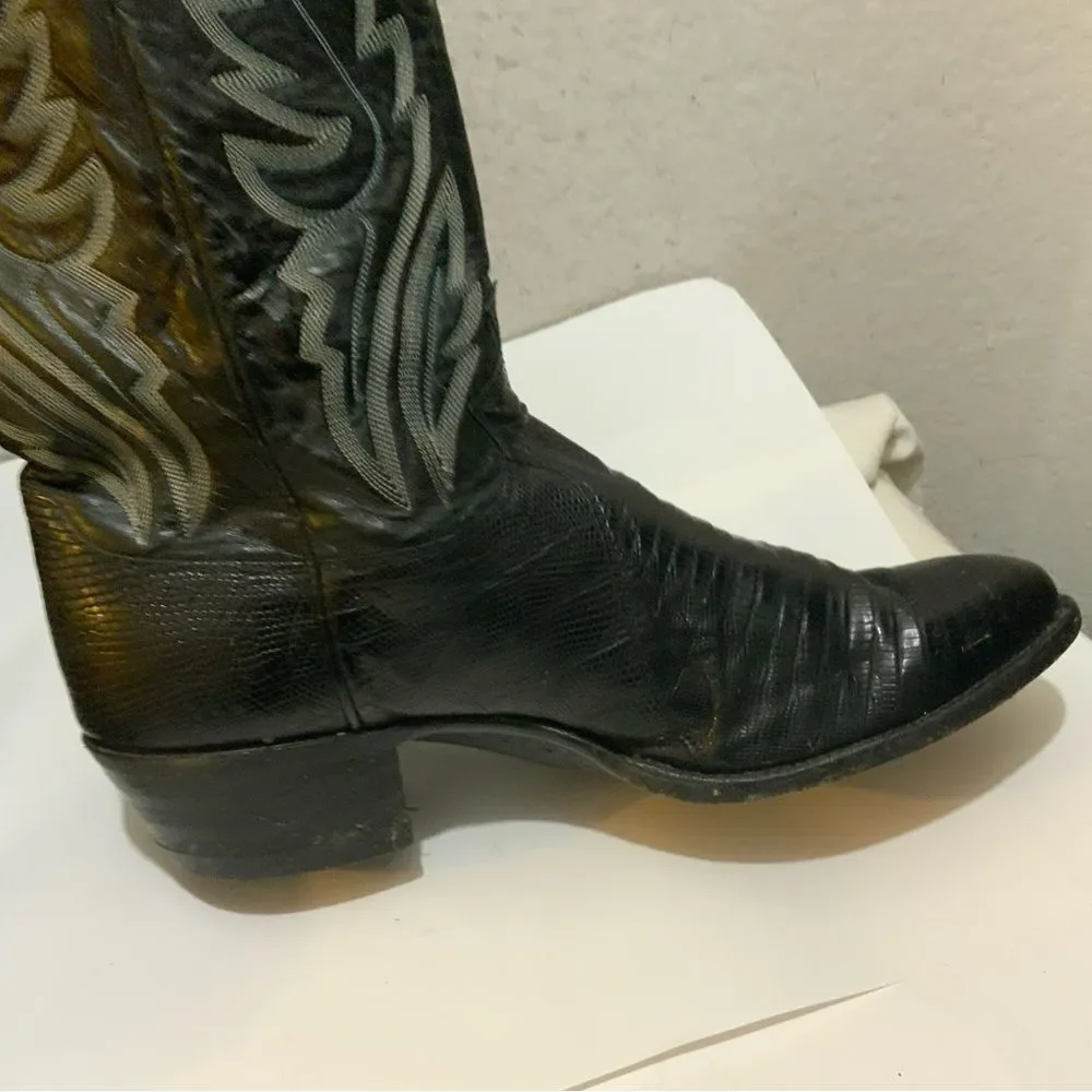 Justin Lizard Skin Leather Cowboy Western Boots Men's 9.5 D Black USA 8313